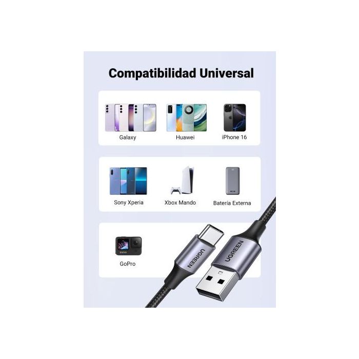 UGREEN 60126 Cable USB C a USB A de 1m, Carga Rápida 3A, Negro/Gris 3