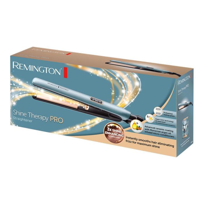 Remington Plancha de pelo Shine Therapy Pro S9300, cerámica con aceite de argán, pantalla digital, 9 ajustes de temperatura 150-230°C, placas flotantes, azul 1