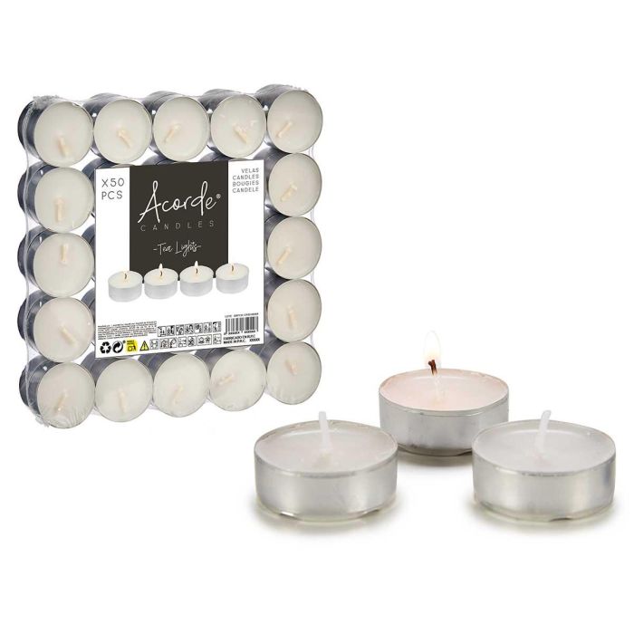 Set 50 Tealights 4 Horas Acorde, 18x3x18 cm, Cera y Aluminio, Blanco y Plata (20 Unidades)