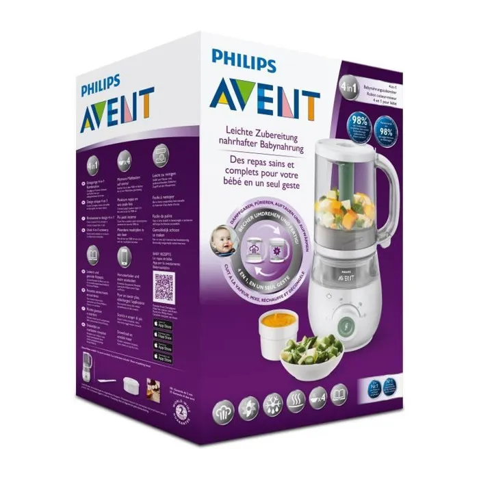 Philips Avent Robot de cocina 4 en 1 AVE8710103870876: cocina al vapor, mezcla, calienta y descongela 4