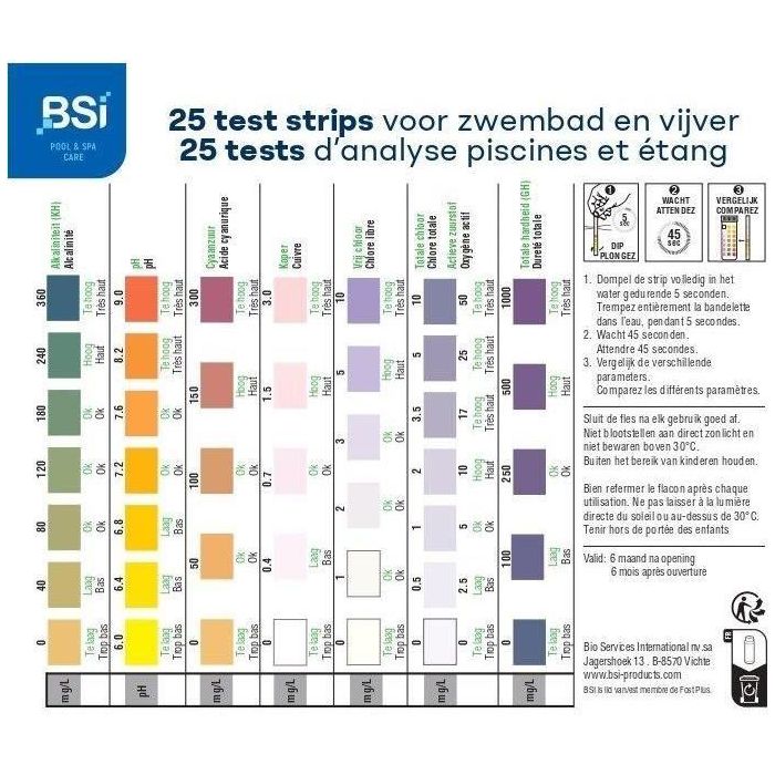 Tiras de prueba - BSI - Mide la calidad del agua - Tiras de prueba - Piscina y spa - 7 en 1 - 25 tiras 1 Tiras de prueba - BSI - Mide la calidad del agua - Tiras de prueba - Piscina y spa - 7 en 1 - 25 tiras 1