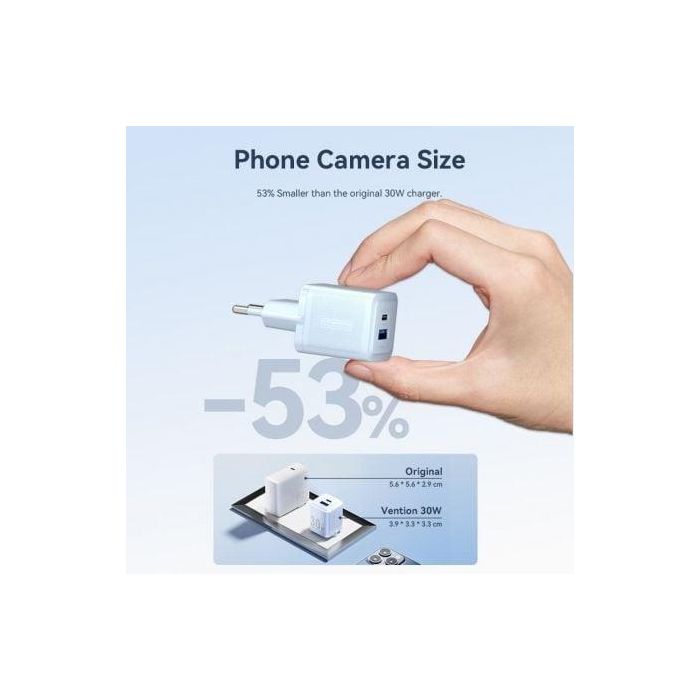 Vention FEQL0-EU Cargador de Pared GaN 30W con 2 Puertos: USB-C y USB-A. Carga Rápida compatible con PD 3.0, QC 3.0. Color Azul. 3
