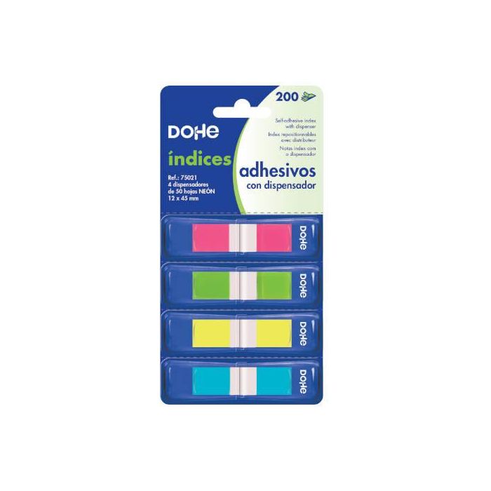 Dohe 75021 Blister 4 Blocs de Índices 12x45mm, 50 Hojas c/u, 4 Colores Neón Surtidos