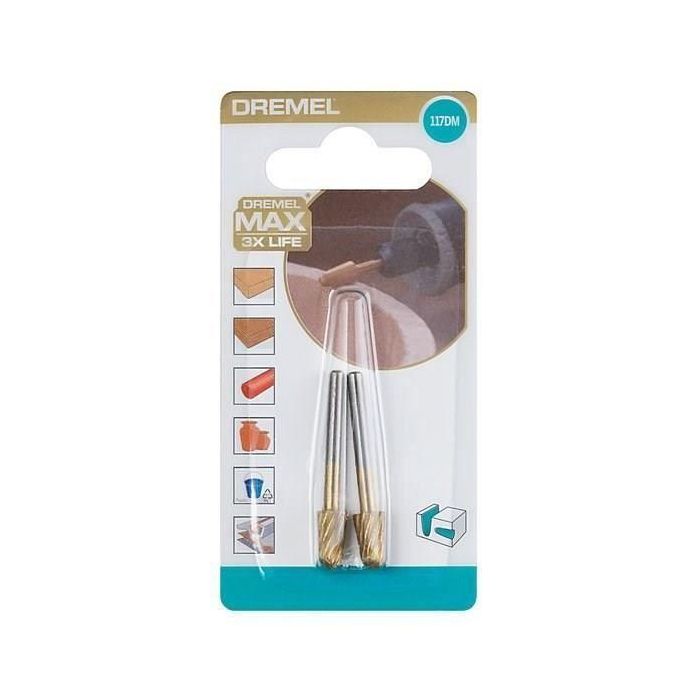 Dremel Max 117 Juego de 2 Cortadores de Acero de Alta Velocidad Recubiertos con TiN, Punta Redonda Ø 6,4 mm, 2x Más Durabilidad 1