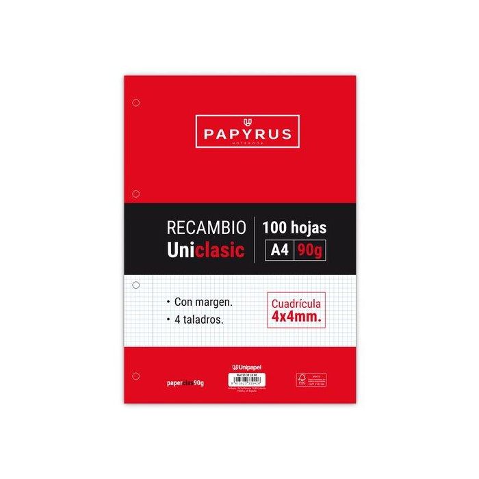 Papyrus RECAMBIO PAQUETE 100 HOJAS A4 UNICLASIC 90 GR. 4X4 CON MARGEN 53391000