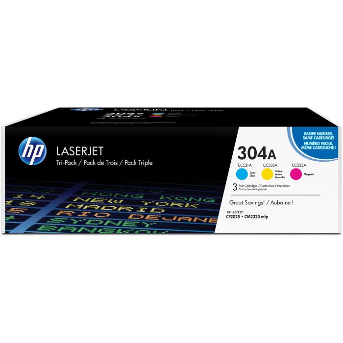 HP CF372AM Tóner original LaserJet 304A Pack 3 cartuchos Cian/Magenta/Amarillo 2.800 páginas capacidad estándar