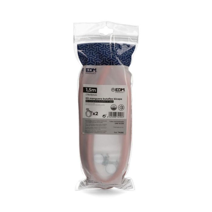 Edm Kit Manguera Butaflex Bicapa para Butano Naranja 9x15mm 1.5m con 2 Abrazaderas 1