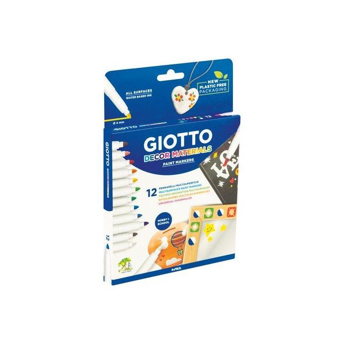 Giotto Rotuladores Decor Materials, tinta base agua, permanentes/removibles, punta 4mm, caja 12 unidades colores surtidos para cerámica, madera, cristal, plástico