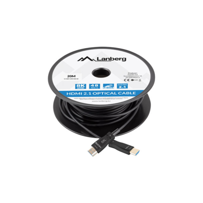 Lanberg Cable HDMI 2.1 Macho 20m para 8K Ultra HD, 48 Gbit/s 240Hz, HDR10 Plus, Conectores Dorados y Protección Magnética 3