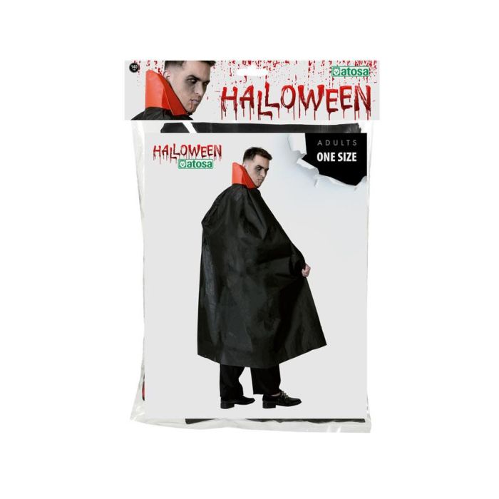 Capa Larga Negra Con Cuello Rojo Alto 140 cm Disfraz Vampiro Brujo Fiesta Halloween Talla Única 1