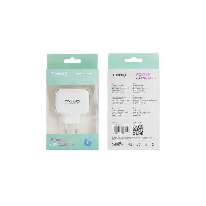 TooQ TQWC-1S02WT Cargador de Pared USB con 2 Puertos, 17W, 3.4A, Blanco 4 TooQ TQWC-1S02WT Cargador de Pared USB con 2 Puertos, 17W, 3.4A, Blanco 4