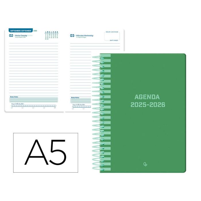 Agenda Escolar Liderpapel 25-26 Espiral Classic Verde Dia Pagina A5 Bilingüe Papel Fsc 70 gr Agenda Escolar Liderpapel 25-26 Espiral Classic Verde Dia Pagina A5 Bilingüe Papel Fsc 70 gr