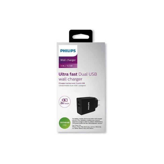 Cargador de Pared Philips DLP2610/ 2xUSB/ 15.5W 2 Cargador de Pared Philips DLP2610/ 2xUSB/ 15.5W 2