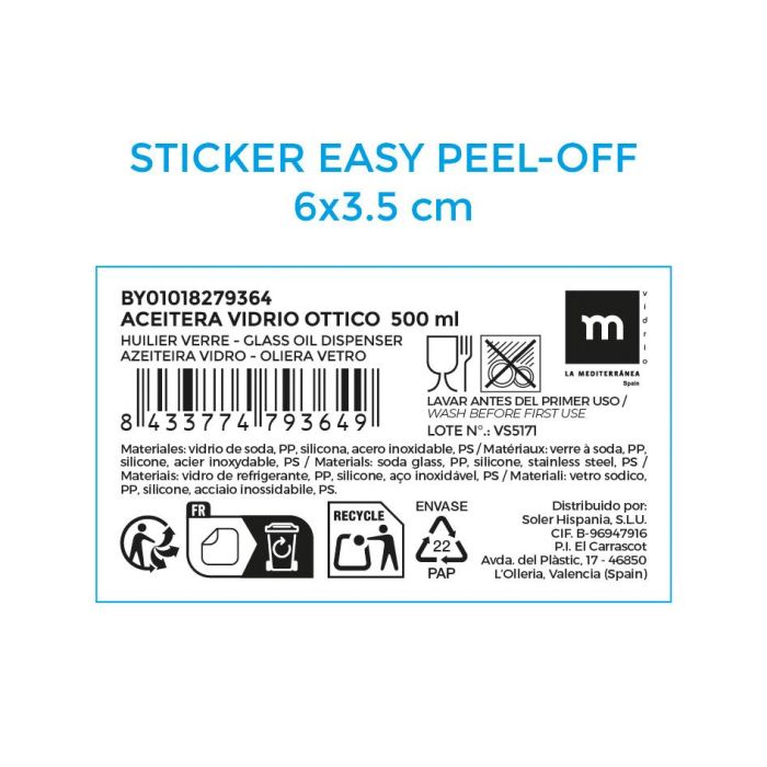 La Mediterranea Aceitera Vidrio Ottico 500 ml - 6.5x6.5x24 cm 5 La Mediterranea Aceitera Vidrio Ottico 500 ml - 6.5x6.5x24 cm 5
