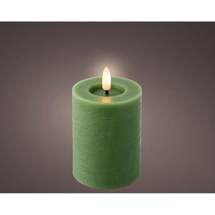 Lumineo Vela de cera LED Verde Efecto Llama Rústica Luz Cálida Ø7 x 11.2 cm con Temporizador 6h/18h