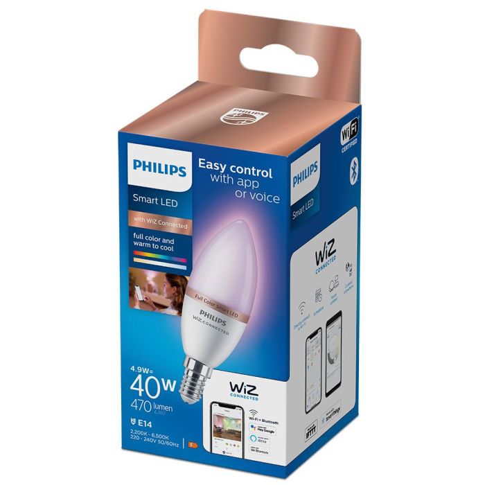 Philips Wiz Bombilla LED Inteligente Vela E14 WiFi Full Colors RGB 4.9W 470lm Luz 2200-6500K Compatible Alexa Google 1 Philips Wiz Bombilla LED Inteligente Vela E14 WiFi Full Colors RGB 4.9W 470lm Luz 2200-6500K Compatible Alexa Google 1