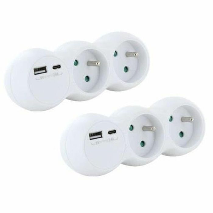 Chacon 47002 Lote 2 Dominó 2x16A con USB-A + USB-C Blanco Estándar Francés