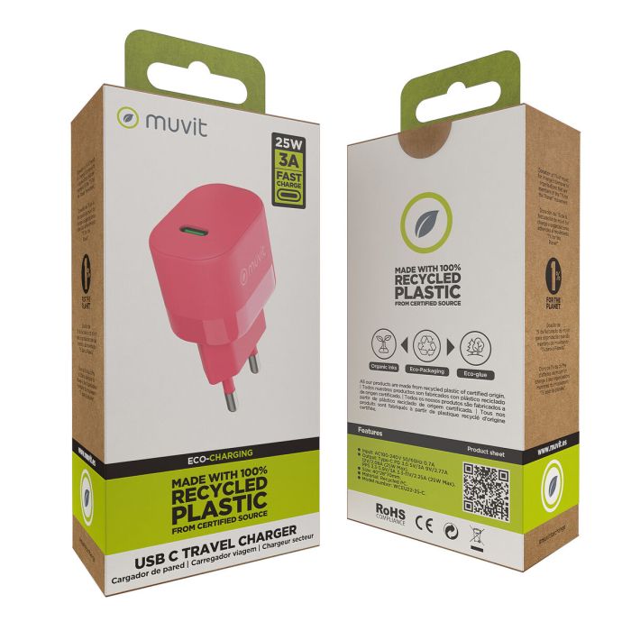 muvit for change cargador de pared Tipo C PD 25W magenta 2 muvit for change cargador de pared Tipo C PD 25W magenta 2