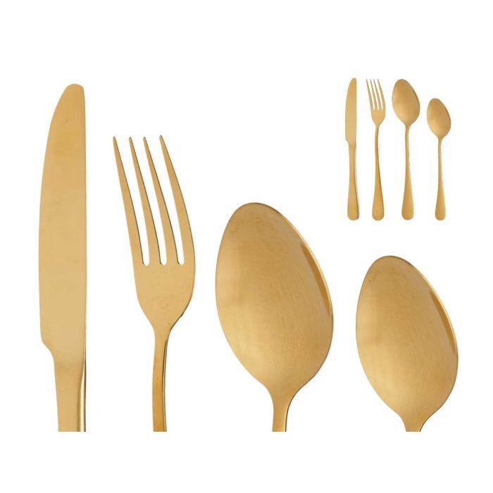Kinvara Set de 16 Cubiertos de Acero Inoxidable Color Oro, Incluye Cuchillo (23 cm), Cuchara (20,5 cm), Tenedor (20,5 cm) y Cuchara de té (14,2 cm) (6 Unidades) 1 Kinvara Set de 16 Cubiertos de Acero Inoxidable Color Oro, Incluye Cuchillo (23 cm), Cuchara (20,5 cm), Tenedor (20,5 cm) y Cuchara de té (14,2 cm) (6 Unidades) 1