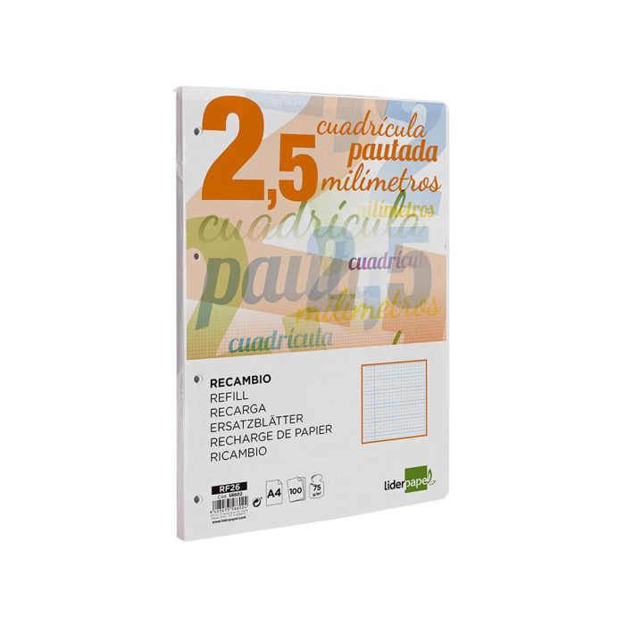 Recambio Liderpapel A4 Pautaguia 100 Hojas 75 gr-M2 Cuadriculado Pautado 2,5 mm Con Margen 4 Taladros 3