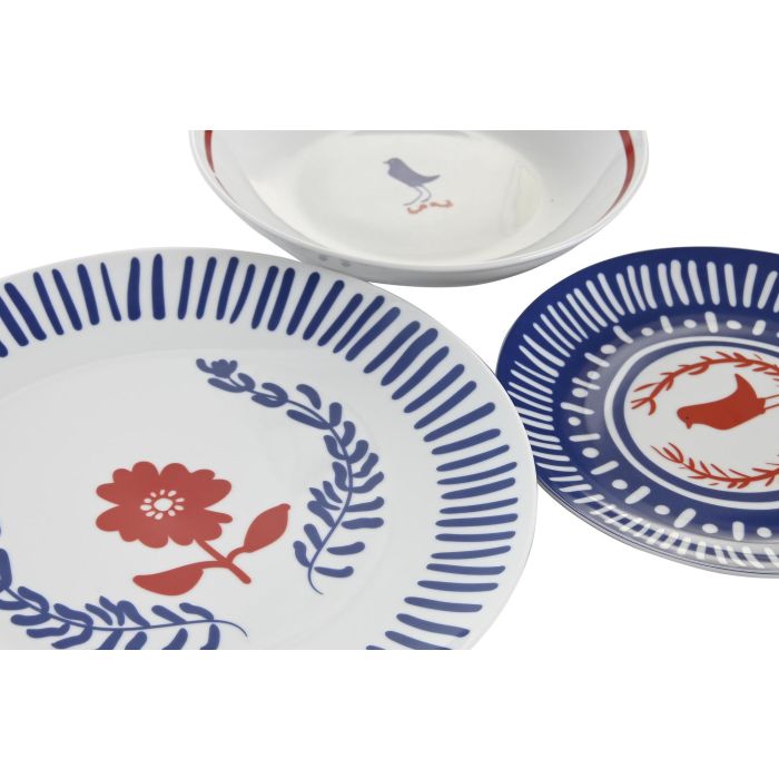 DKD Home Decor Vajilla de Porcelana Mediterráneo Blue Red Bird Set de 18 Piezas Azul Rojo Blanco Apto Microondas y Lavavajillas 2
