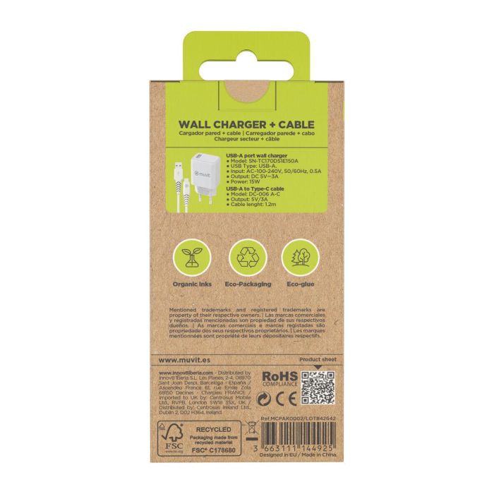 Cargador de Pared Muvit For Change MCPAK0002/ USB + Cable USB Tipo-C/ 2.4A 3 Cargador de Pared Muvit For Change MCPAK0002/ USB + Cable USB Tipo-C/ 2.4A 3