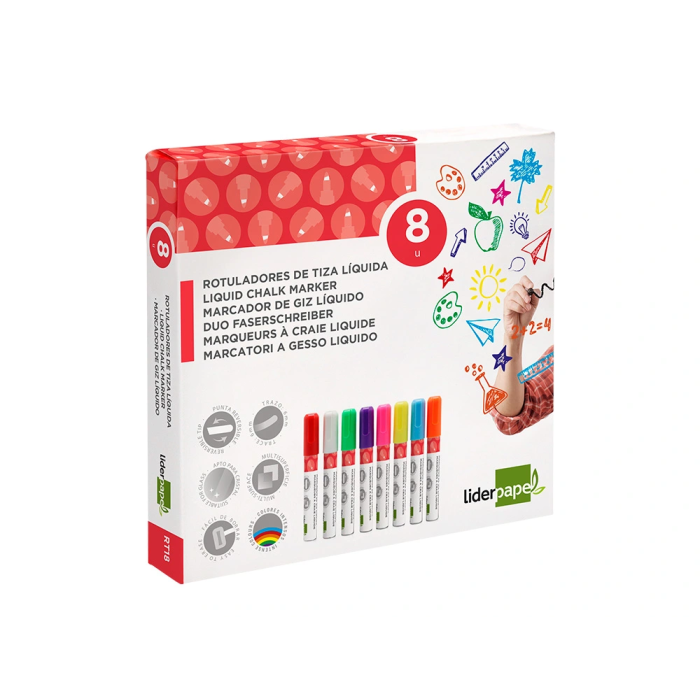 Liderpapel Rotulador Tiza Líquida Punta Redonda Trazo 6 mm Caja 8 Unidades Colores Surtidos 6