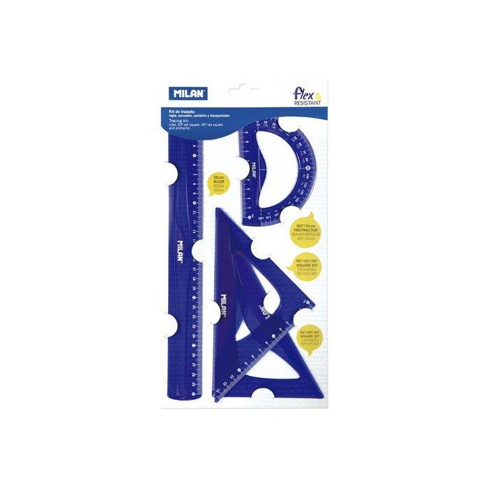 Milan Kit 4 Piezas Reglas Flex&Resistant 30 cm con Escuadra, Cartabón y Transportador