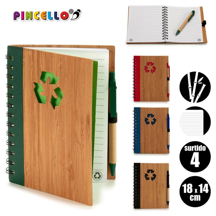 Pincello Libreta Bambú Reciclado y Bolígrafo 18x14 cm Surtidos (Set de 24)