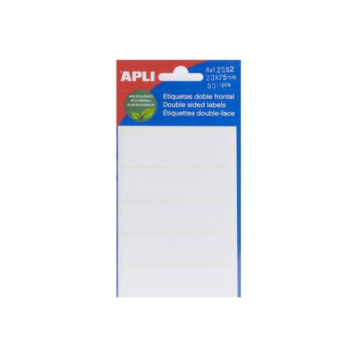 Apli Etiquetas Adhesivas Doble Frontal Blanco 20x75 mm, 5 Hojas con 50 Etiquetas, Escritura Manual