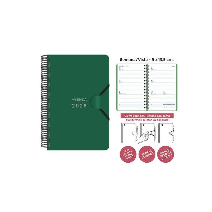 Agenda Anual (2026) Senfort Mini Espiral Tapa Pp Con Goma 90X135 S/V Verde Oscuro