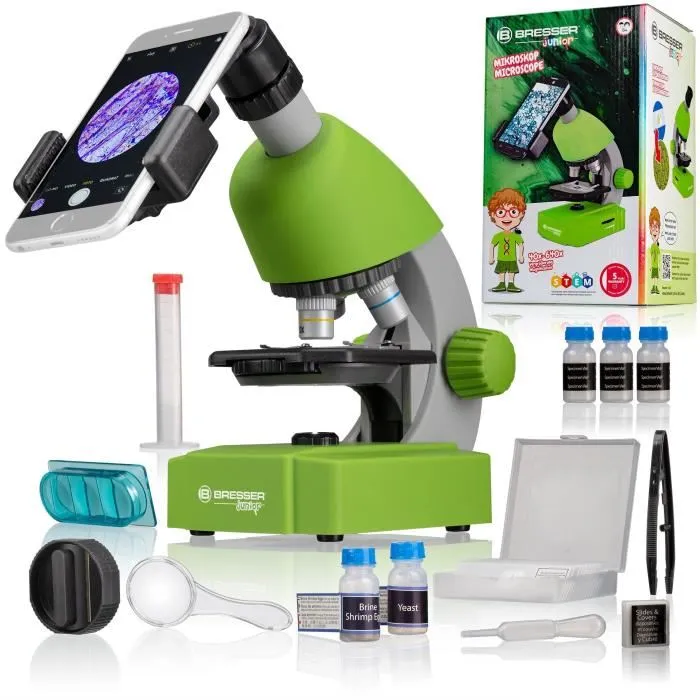 Bresser Microscopio JUNIOR 40x-640x con Iluminación LED, Kit de Experimentación Verde BRE8851300B4K000 0 Bresser Microscopio JUNIOR 40x-640x con Iluminación LED, Kit de Experimentación Verde BRE8851300B4K000 0