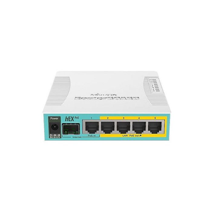 MikroTik hEX PoE Router 800 MHz, 128 MB RAM, 5 Puertos Gigabit Ethernet PoE Pasivo, 1x SFP, 1x USB, 12-57 V 3