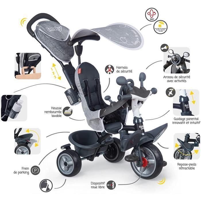 Smoby Triciclo Baby Driver Plus Gris, Bicicleta Evolutiva Infantil desde 10 Meses con Ruedas Silenciosas y Freno de Estacionamiento 3