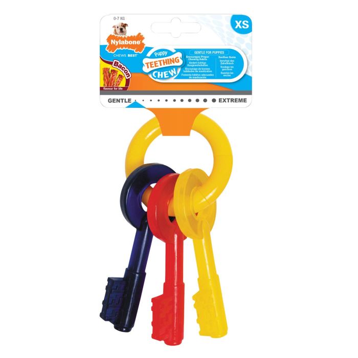 Nylabone Puppy Teething Keys Juguete Masticable Cachorros Dentición Talla XS Nylon Sabor Bacon Limpia Dientes Multicolor 3