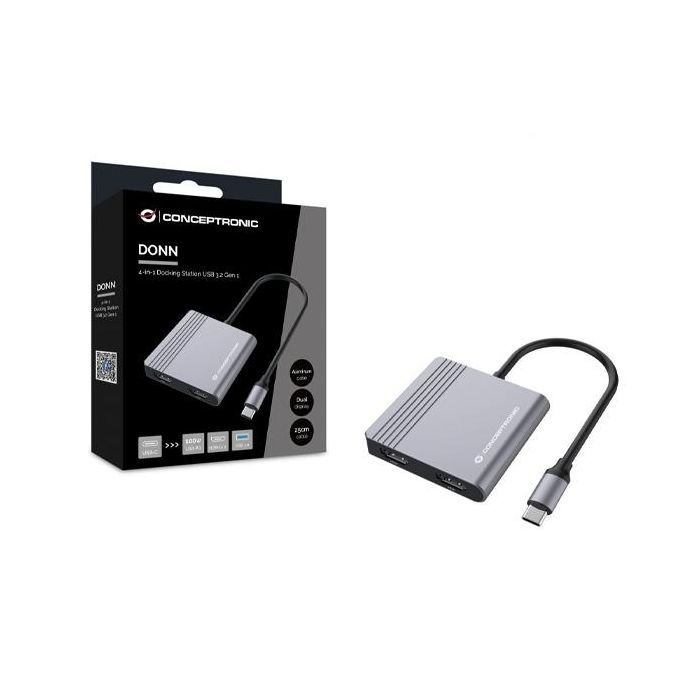 Conceptronic DONN13GR Hub USB Tipo C con HDMI, USB-C PD y USB 3.0 para MacBook, Chromebook y más, 4 en 1 3