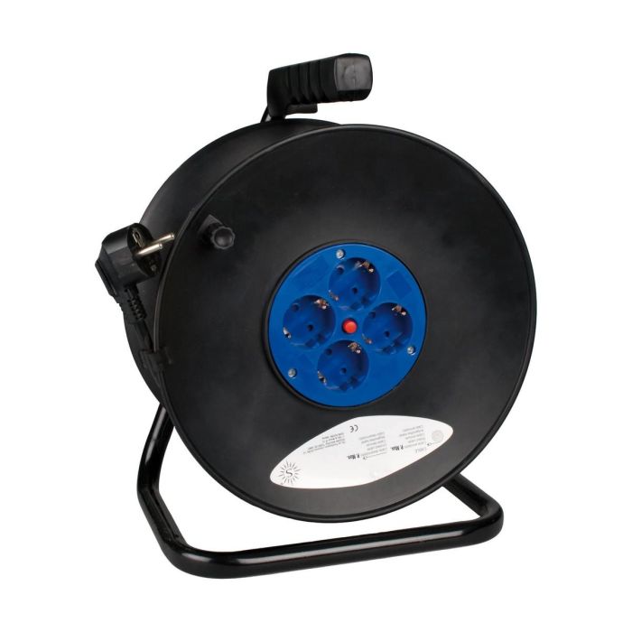 Solera Enrollacable 25m 3x1,5mm con 4 Tomas Bipolares T/TL, H05VV-F 3G1,5, IP20, Negro/Azul