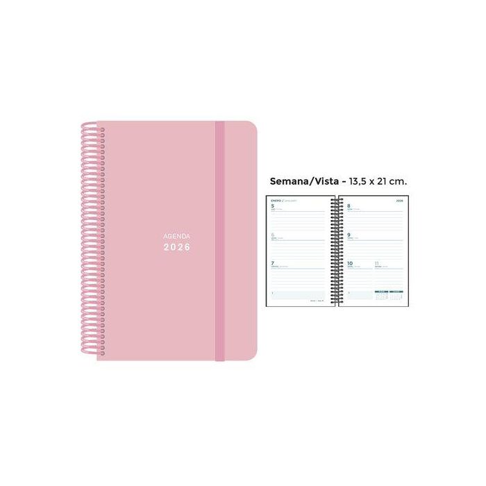 Agenda Anual (2026) Senfort Pastel Espiral Tapa Pp Con Goma 135X210 S/V Rosa