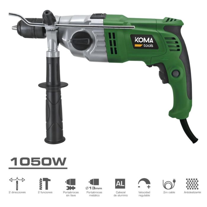 Koma Tools Tp-1050 Taladro Percutor Eléctrico 1050W, Portabrocas Ø13mm Auto, Vel. Variable, Acero 13mm, Madera 30mm, Hormigón 20mm 1