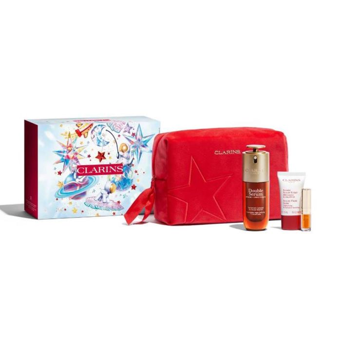 Clarins Double Serum Estuche Set Cosmética Facial Antiedad Mujer 4 pz con Double Serum 50ml, Bálsamo, Aceite Labios, Neceser