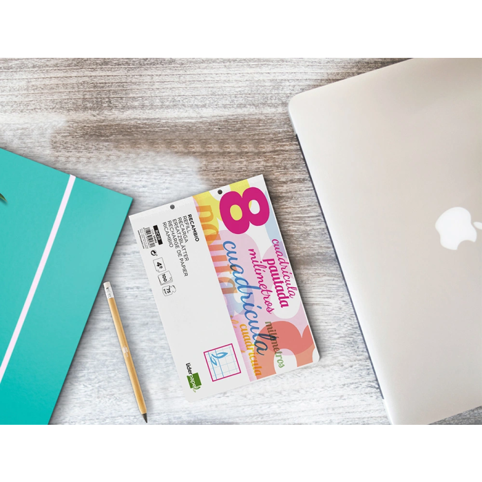 Liderpapel Recambio Cuarto Apaisado Pautaguía 100 Hojas 75gr Cuadriculado Pautado con Margen 6 Taladros 7