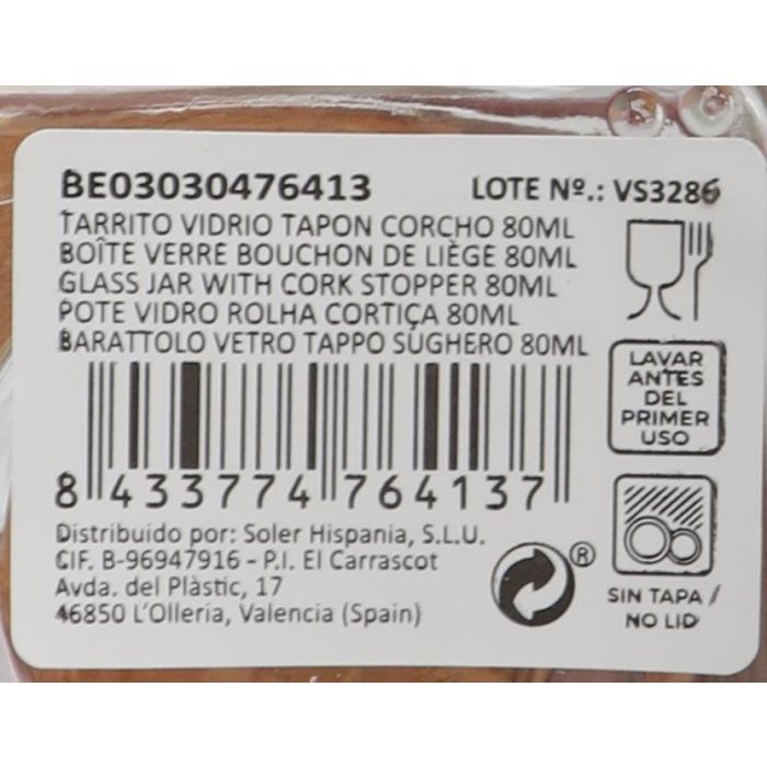 Tarrito de vidrio con tapón de corcho 80 ml - La Mediterranea (36 Unidades) 5 Tarrito de vidrio con tapón de corcho 80 ml - La Mediterranea (36 Unidades) 5