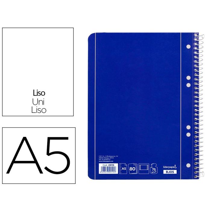 Cuaderno Espiral Liderpapel A5 Micro Serie Azul Tapa Blanda 80H 75 gr Liso 6Taladros Azul