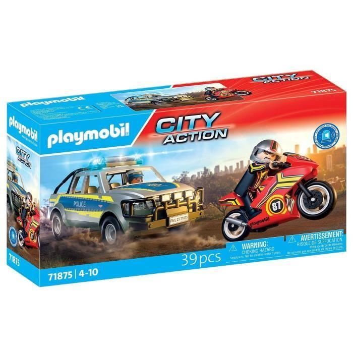 Playmobil 71875 Pick Up Persecución Policial con Moto y Luces. Coche Patrulla con Trampa de Clavos para Niños +4 Años