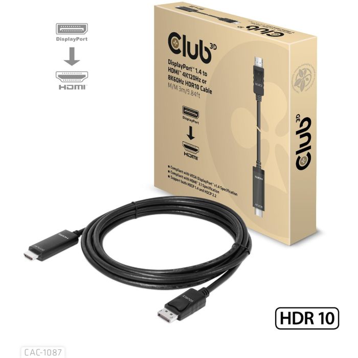 Club 3D CAC-1087 Cable DisplayPort 1.4 a HDMI 2.1 Activo HDR 8K 60Hz - 3 metros
