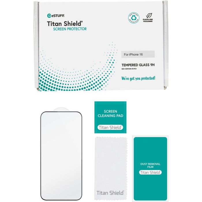 eSTUFF INFINITE Titan Shield Protector de Pantalla iPhone 16 Cobertura Total, Cristal Templado 9H, Vidrio Reciclado, Pack 50 Uds Bulk 1