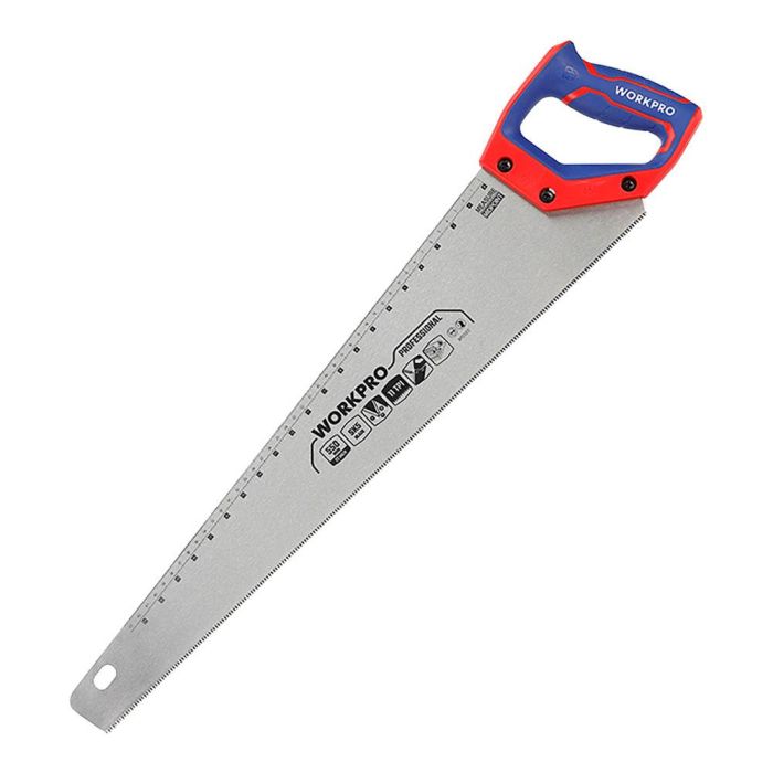 Workpro Sierra de Mano Profesional 550mm, Dientes Rectificados Triples 11 TPI, Mango Ergonómico, Escala y Trazado de Ángulos 90°/45°