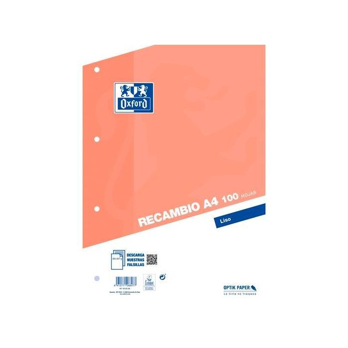 Oxford Recambio Classic 100H A4 Sueltas 90 gr Liso 4 Taladros Naranja - Papel OptikPaper
