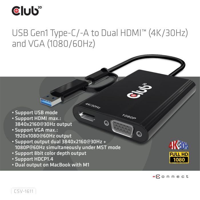 Club3D Adapter USB Typ C/A > HDMI / VGA St/Bu 11 Club3D Adapter USB Typ C/A > HDMI / VGA St/Bu 11