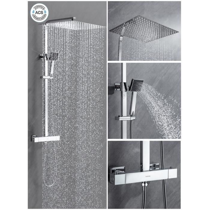 Oceanic Columna de Ducha Mezclador Termostático (38°C), Rociador Cuadrado Extraplano 40x40 cm Acero Inoxidable, Teleducha, Cromo